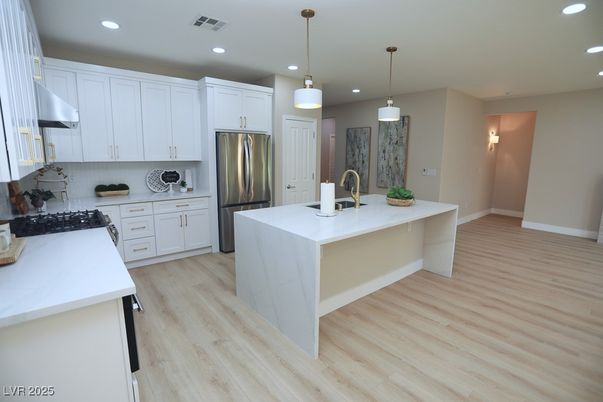Interior, Kitchen, Pendant Lights, Recessed Lighting, Stainless Steel Appliances, Wood Texture Flooring