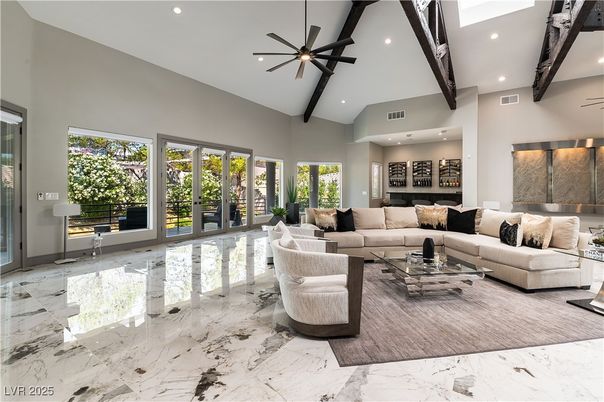 Interior, Living room, Marble, Recessed Lighting, Wooden Beams