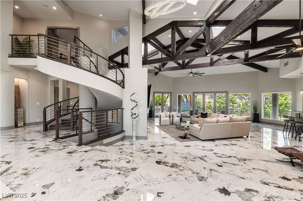 Interior, Living room, Marble, Recessed Lighting, Wooden Beams