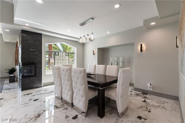 Dining room, Fireplace, Interior, Marble, Pendant Lights, Recessed Lighting