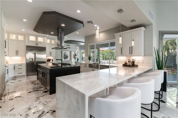 Interior, Kitchen, Marble, Pendant Lights, Recessed Lighting, Stainless Steel Appliances