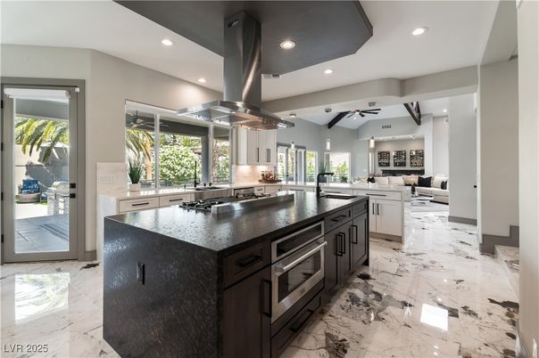 Interior, Kitchen, Living room, Marble, Recessed Lighting, Stainless Steel Appliances