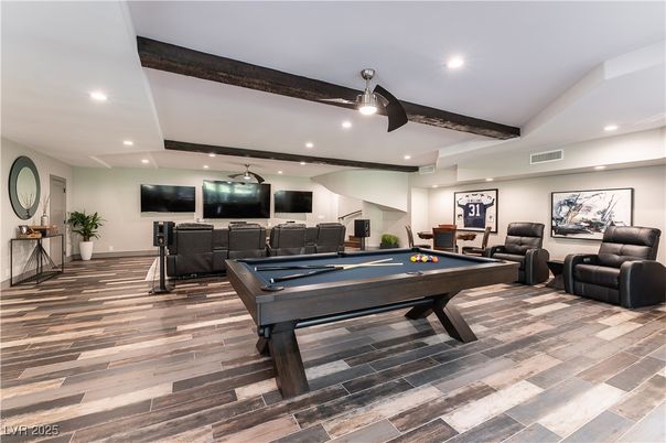 Billiard Table, Game Room, Interior, Recessed Lighting, Wood Texture Flooring
