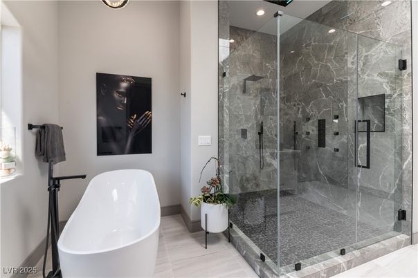 Bathroom, Free Standing Baths, Glass Shower, Interior, Marble Walls, Recessed Lighting