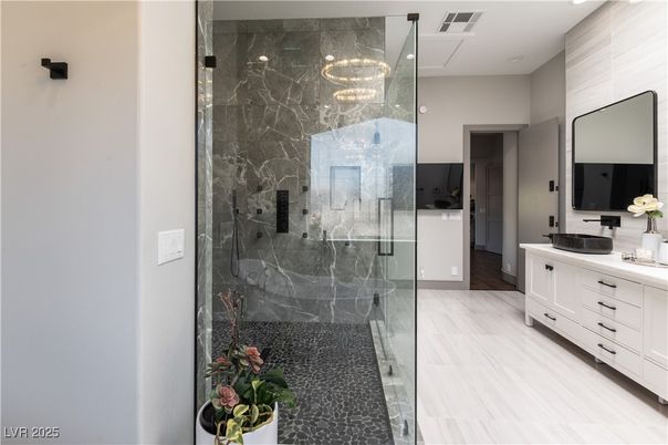 Bathroom, Glass Shower, Interior, Marble, Marble Walls, Recessed Lighting, Wood Texture Flooring