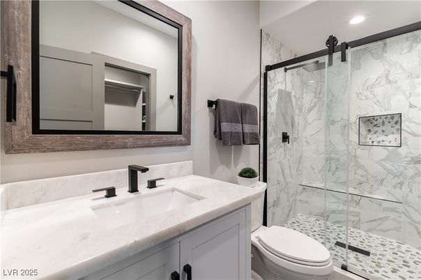 Bathroom, Glass Shower, Interior, Marble Walls, Recessed Lighting