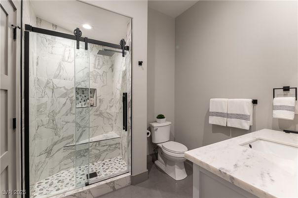 Bathroom, Glass Shower, Interior, Marble Walls, Recessed Lighting