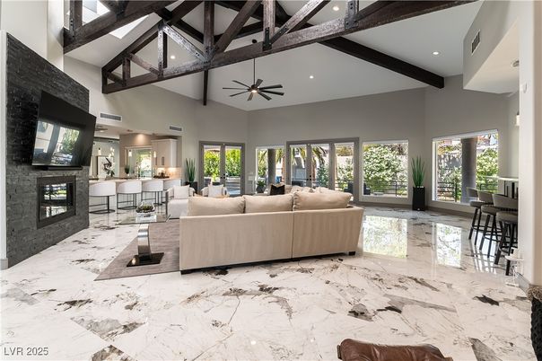 Fireplace, Interior, Living room, Marble, Recessed Lighting, Wooden Beams
