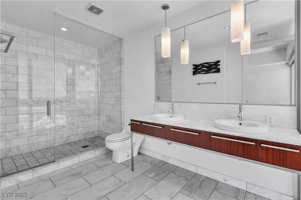 Bathroom, Dual Sink Vanities, Glass Shower, Interior, Pendant Lights, Recessed Lighting