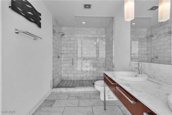 Bathroom, Glass Shower, Interior, Marble, Recessed Lighting