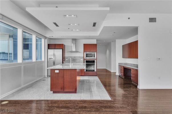 Interior, Kitchen, Recessed Lighting, Stainless Steel Appliances, Wood Texture Flooring
