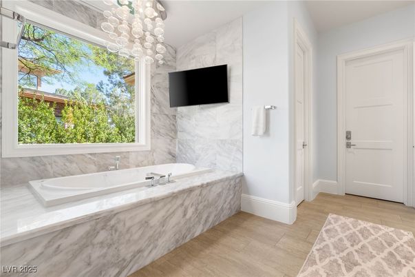 Bathroom, Interior, Marble Walls, Pendant Lights, Wood Texture Flooring