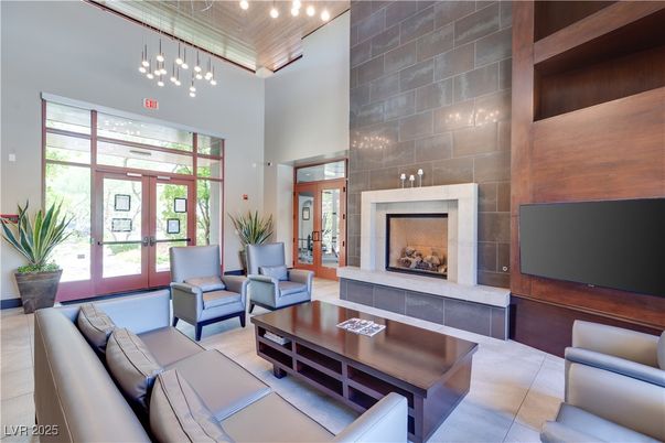 Fireplace, Interior, Living room, Pendant Lights, Stone Walls