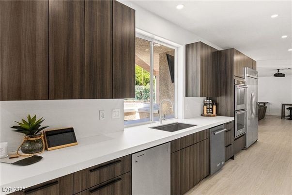 Interior, Kitchen, Recessed Lighting, Stainless Steel Appliances, Wood Texture Flooring