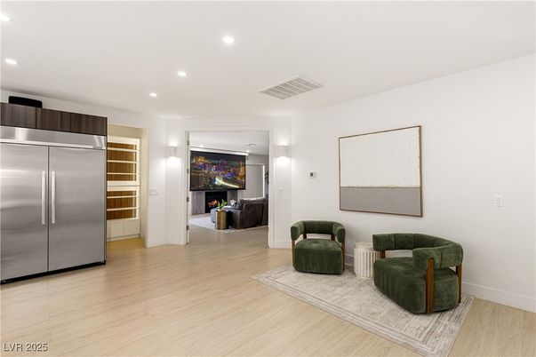 Fireplace, Interior, Kitchen, Living room, Recessed Lighting, Stainless Steel Appliances, Wood Texture Flooring