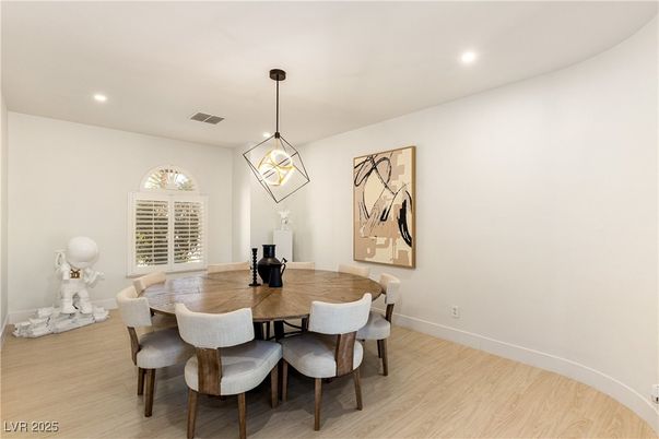 Dining room, Interior, Pendant Lights, Recessed Lighting, Wood Texture Flooring