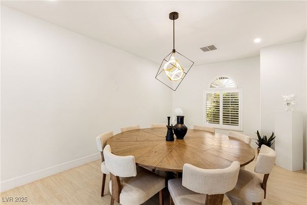 Dining room, Interior, Pendant Lights, Recessed Lighting, Wood Texture Flooring