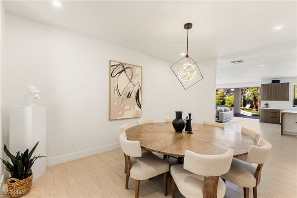 Dining room, Interior, Pendant Lights, Recessed Lighting, Wood Texture Flooring