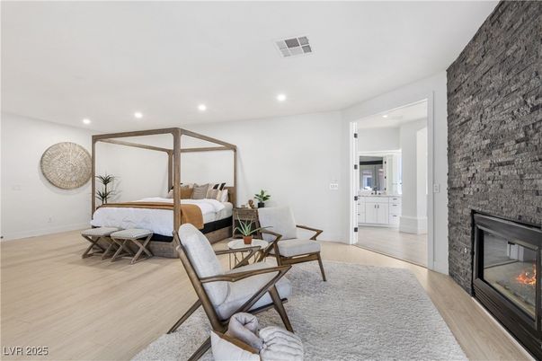 Bedroom, Fireplace, Interior, Recessed Lighting, Wood Texture Flooring