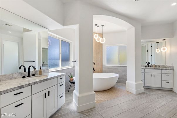 Bathroom, Dual Sink Vanities, Free Standing Baths, Interior, Pendant Lights, Recessed Lighting