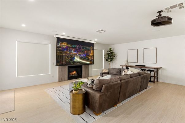 Fireplace, Interior, Living room, Recessed Lighting, Wood Texture Flooring