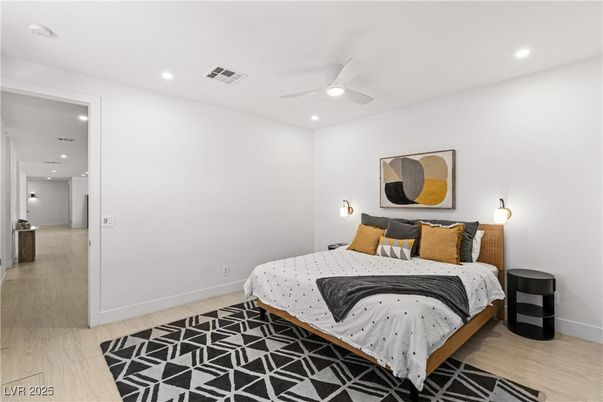 Bedroom, Interior, Recessed Lighting, Wood Texture Flooring