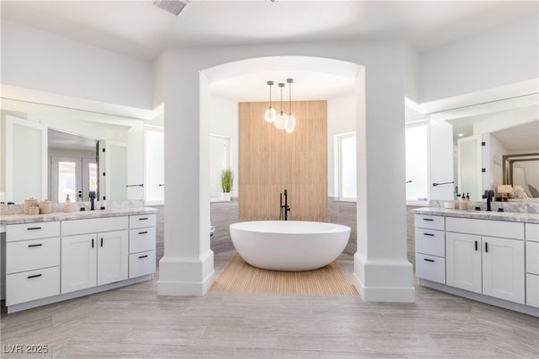 Bathroom, Dual Sink Vanities, Free Standing Baths, Interior, Pendant Lights, Wood Texture Flooring