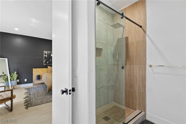 Bathroom, Glass Shower, Interior, Recessed Lighting, Wood Texture Flooring