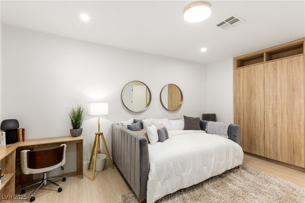 Bedroom, Home Office, Interior, Recessed Lighting, Wood Texture Flooring
