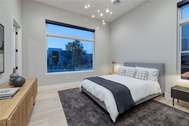 Bedroom, Interior, Pendant Lights, Recessed Lighting, Wood Texture Flooring