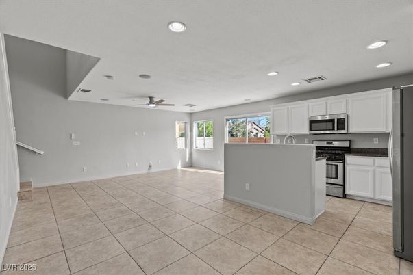 Empty room, Interior, Kitchen, Recessed Lighting, Stainless Steel Appliances