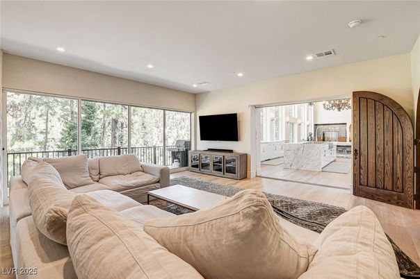 Interior, Living room, Marble Walls, Recessed Lighting, Wood Texture Flooring
