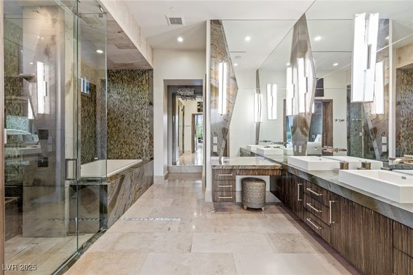 Bathroom, Dual Sink Vanities, Glass Shower, Interior, Recessed Lighting