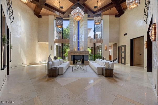 Chandelier, Fireplace, Interior, Living room, Recessed Lighting, Wooden Beams, Wooden Ceilings