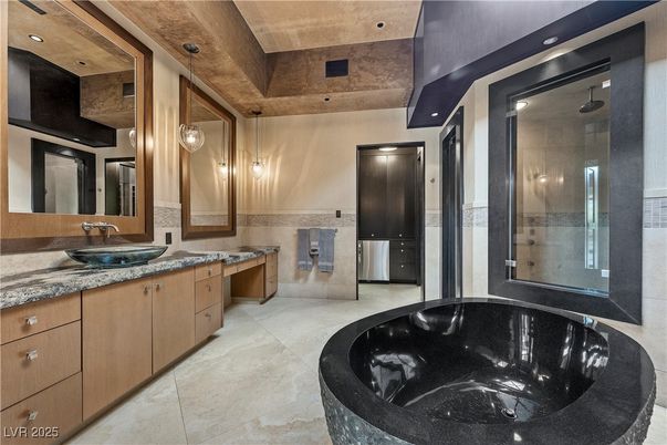 Bathroom, Dual Sink Vanities, Glass Shower, Interior, Pendant Lights, Recessed Lighting