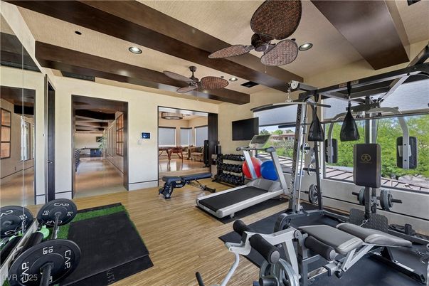 Fitness Equipment, Gym, Interior, Recessed Lighting, Wooden Beams, Wood Texture Flooring