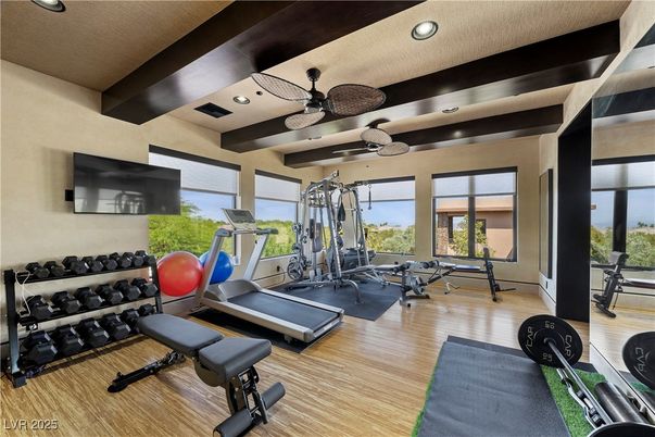 Fitness Equipment, Gym, Interior, Recessed Lighting, Wood Texture Flooring