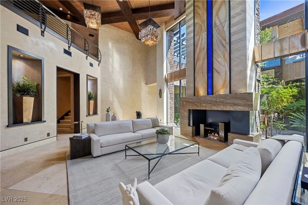 Fireplace, Interior, Living room, Pendant Lights, Recessed Lighting, Wooden Beams