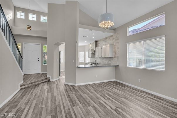 Chandelier, Interior, Kitchen, Pendant Lights, Recessed Lighting, Wood Texture Flooring