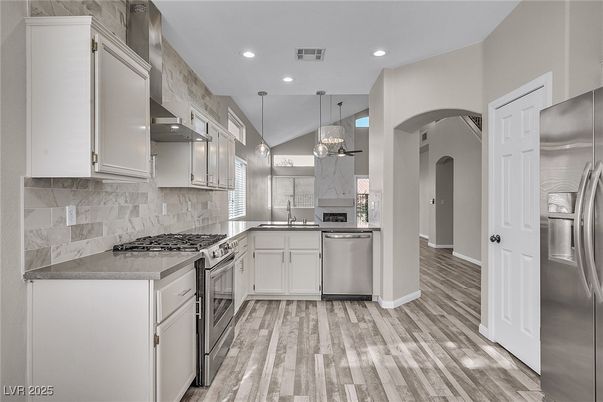 Interior, Kitchen, Pendant Lights, Recessed Lighting, Stainless Steel Appliances, Wood Texture Flooring
