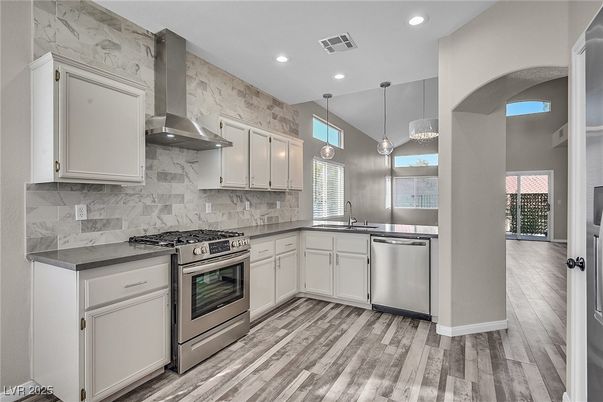 Interior, Kitchen, Pendant Lights, Recessed Lighting, Stainless Steel Appliances, Wood Texture Flooring