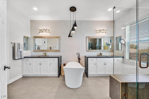Bathroom, Dual Sink Vanities, Free Standing Baths, Glass Shower, Interior, Pendant Lights, Recessed Lighting