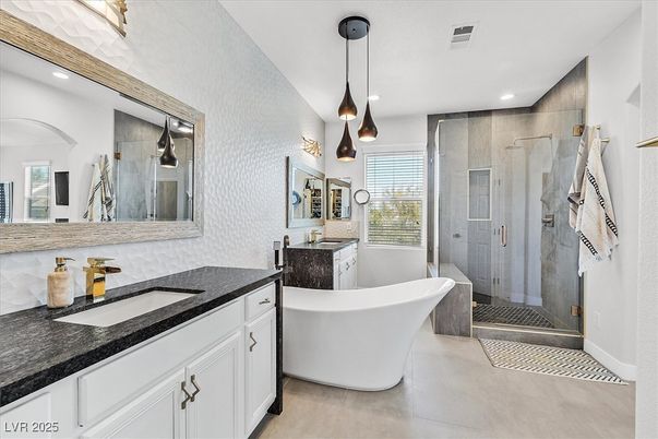 Bathroom, Dual Sink Vanities, Free Standing Baths, Glass Shower, Interior, Pendant Lights, Recessed Lighting