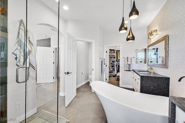Bathroom, Dual Sink Vanities, Free Standing Baths, Glass Shower, Interior, Pendant Lights, Recessed Lighting