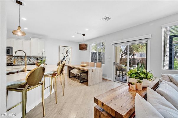 Dining room, Interior, Kitchen, Living room, Pendant Lights, Recessed Lighting, Wood Texture Flooring