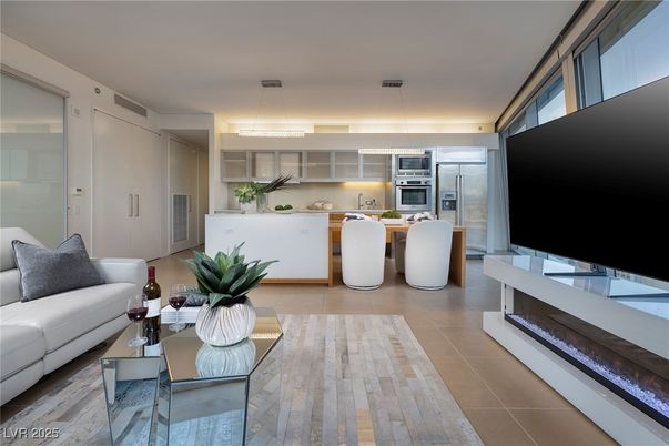 Dining room, Fireplace, Interior, Kitchen, Living room, Pendant Lights, Stainless Steel Appliances