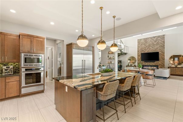 Fireplace, Interior, Kitchen, Living room, Pendant Lights, Recessed Lighting, Stainless Steel Appliances