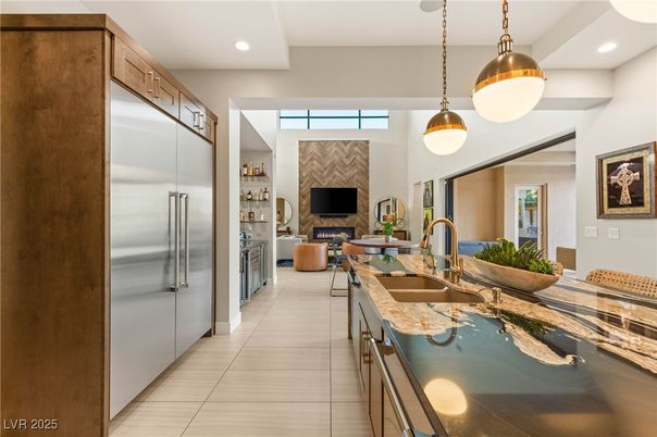 Fireplace, Interior, Kitchen, Living room, Pendant Lights, Recessed Lighting, Stainless Steel Appliances