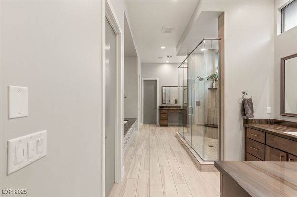 Bathroom, Glass Shower, Interior, Recessed Lighting, Wood Texture Flooring