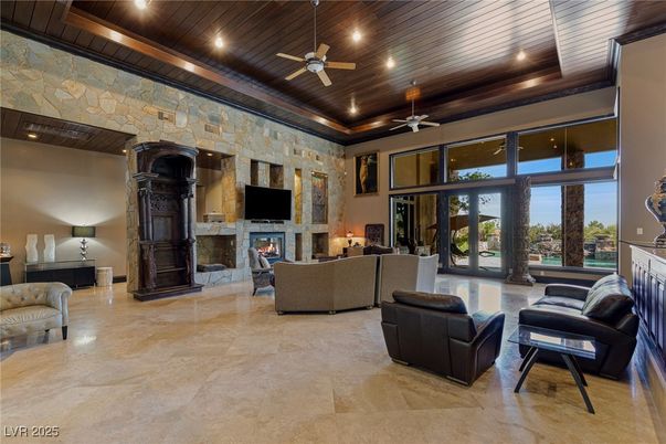 Fireplace, Interior, Living room, Recessed Lighting, Stone Walls, Wooden Ceilings